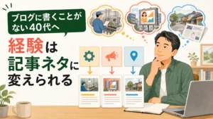 40代会社員が仕事や副業の経験をブログの記事ネタへ変えている様子