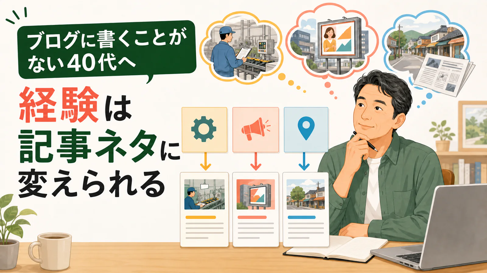 40代会社員が仕事や副業の経験をブログの記事ネタへ変えている様子