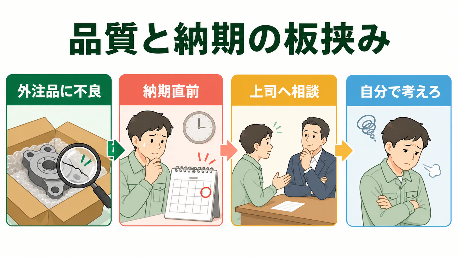 外注品に不良、納期直前、上司へ相談、自分で考えろまでの流れを示す図