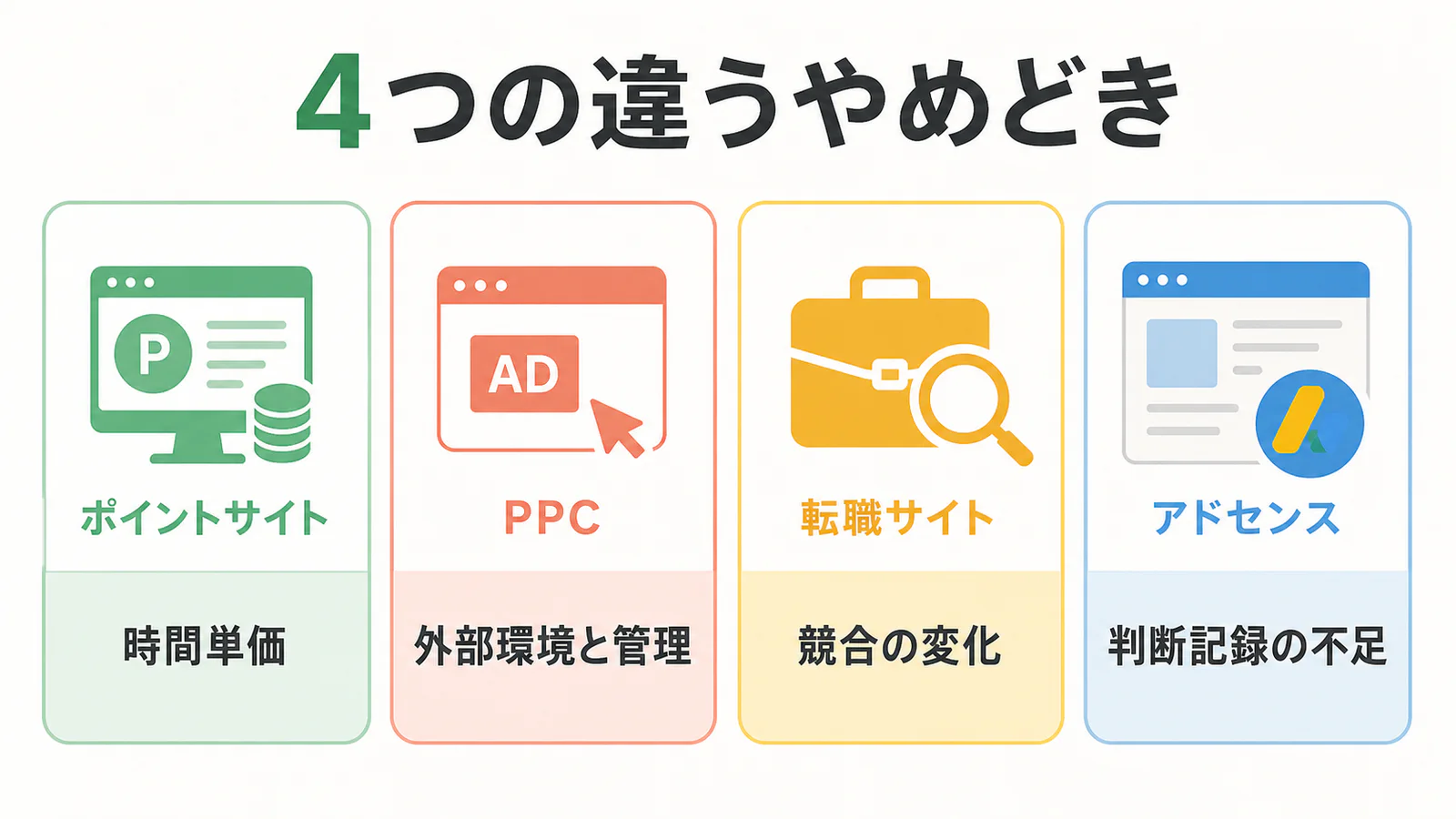 ポイントサイト、PPC、転職サイト、アドセンスで異なった終了理由を並べた図