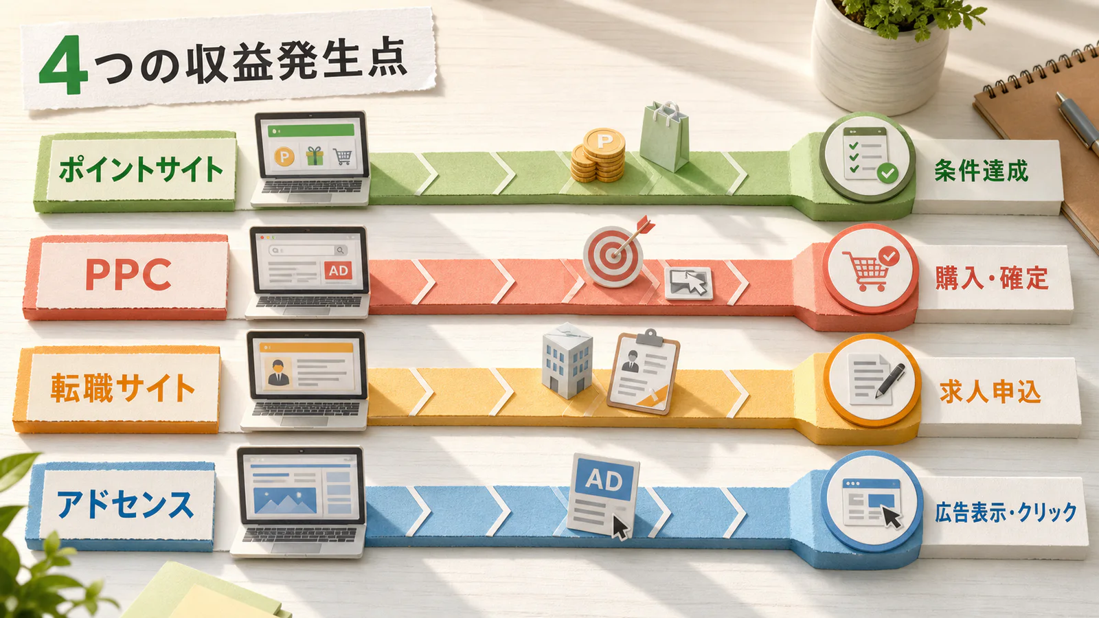 ポイントサイト、PPC、転職サイト、アドセンスで異なる4つの収益発生点