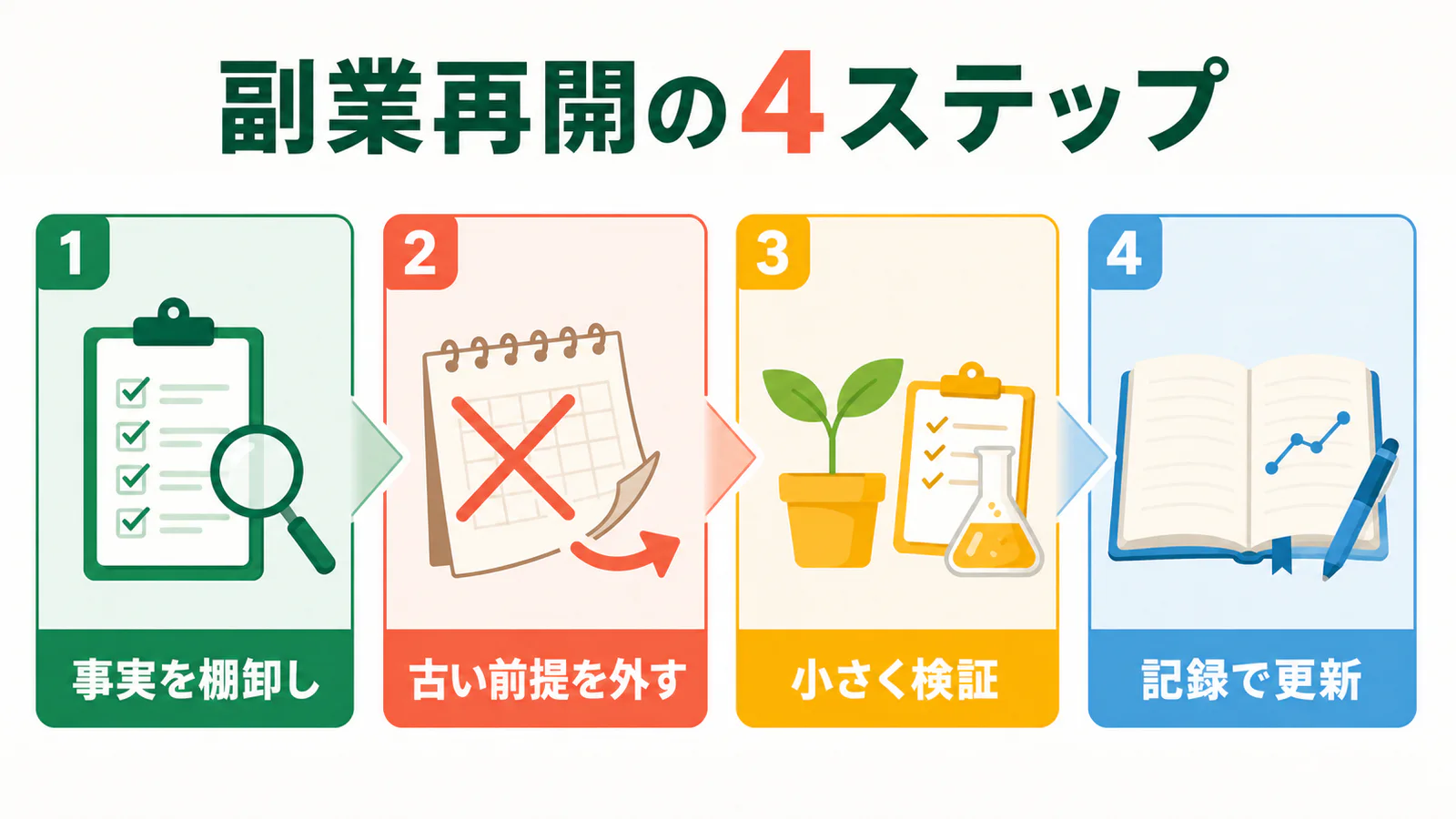 事実の棚卸し、古い前提を外す、小さく検証する、記録で更新するの4ステップ図