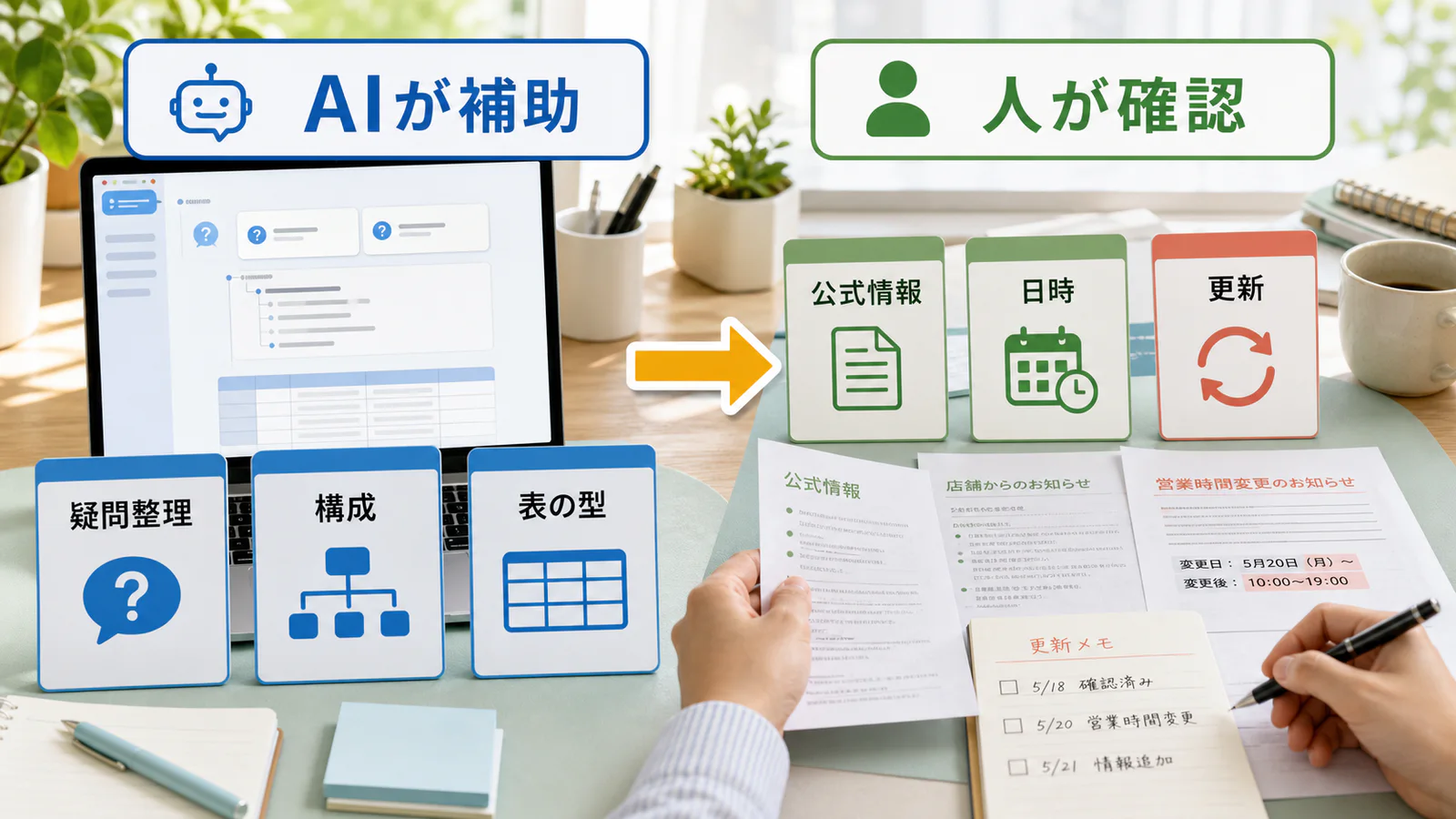 地域記事でAIが疑問整理、構成、表作成を補助し、人が公式情報、日時、更新を確認する役割分担