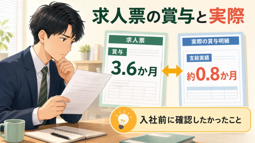 求人票の賞与3.6か月と実際の約0.8か月の違いを確認する会社員