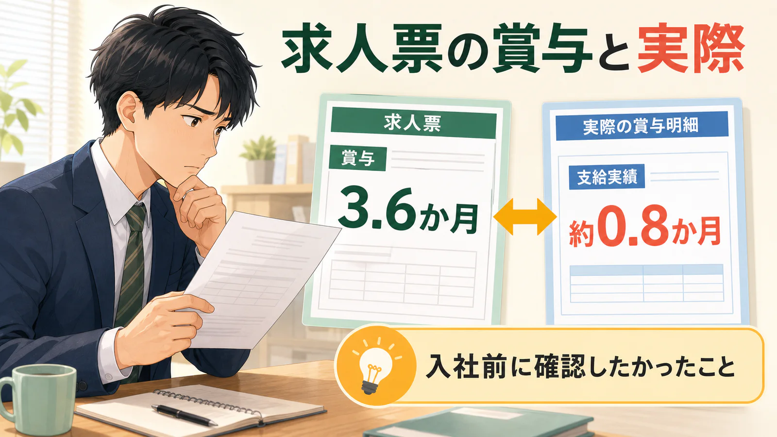 求人票の賞与3.6か月と実際の約0.8か月の違いを確認する会社員