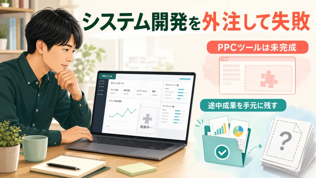 外注したPPCツールが未完成となりプロジェクト資料を見直す個人発注者