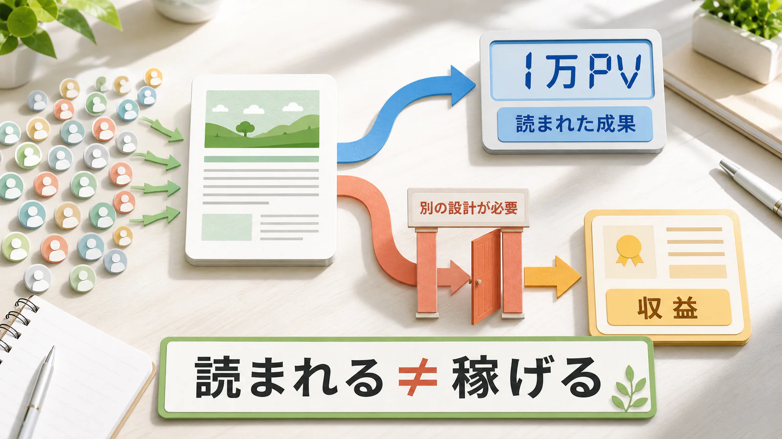 1万PVを得ることとブログ収益が発生することは別の経路であるという図