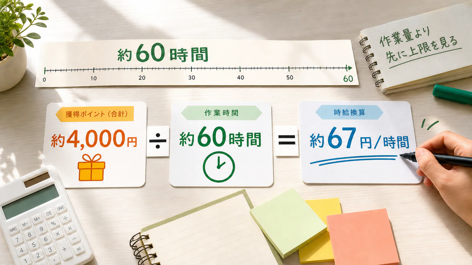 ポイントサイトを約60時間続けて約4,000円、1時間あたり約67円だった計算