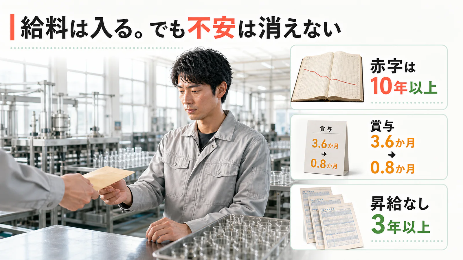 給料は入るのに不安が消えなかった工場の現実。赤字は10年以上、賞与3.6か月から0.8か月、昇給なし3年以上
