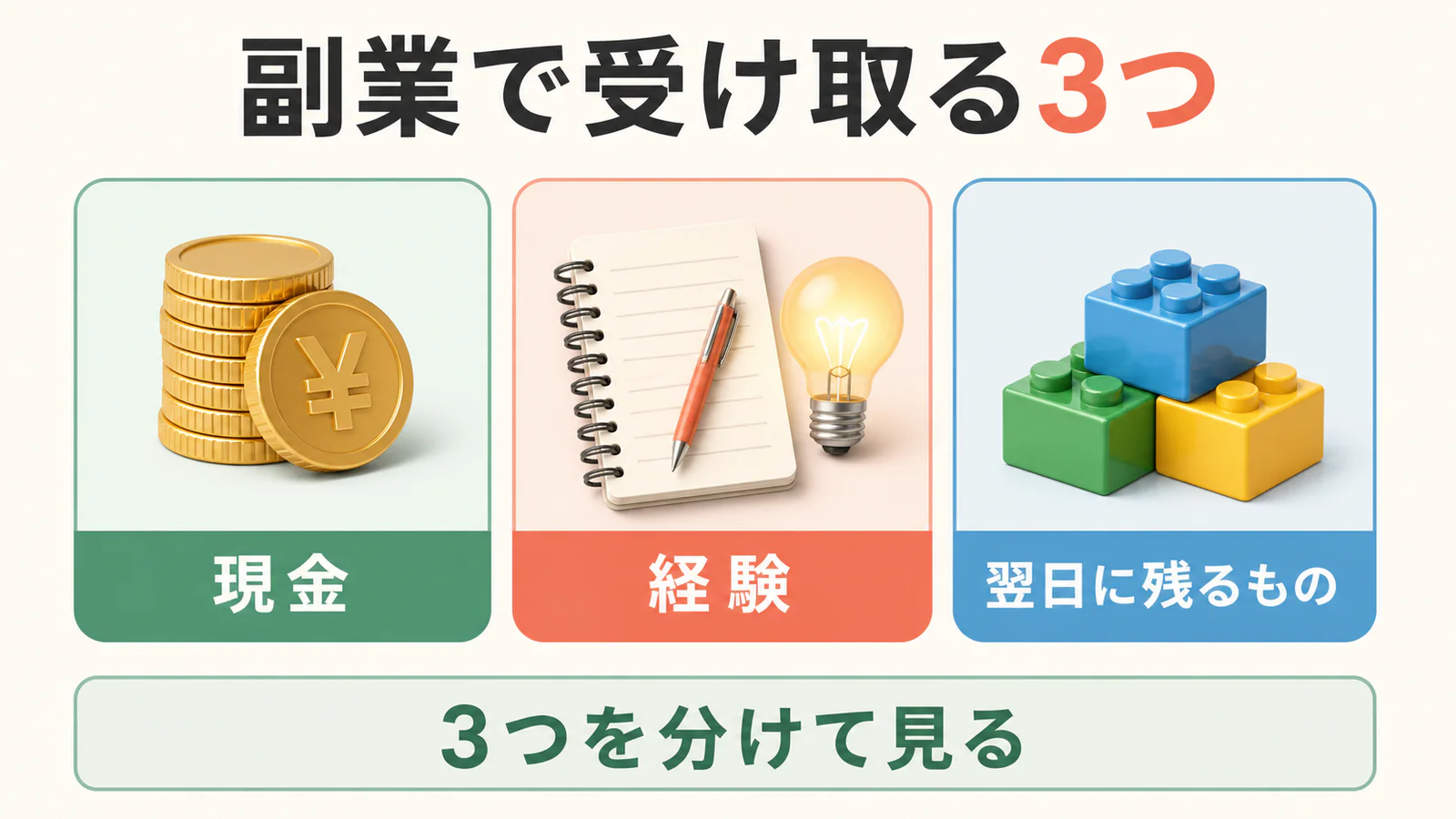 副業から受け取る現金、経験、翌日に残る仕組みの3要素を示した図